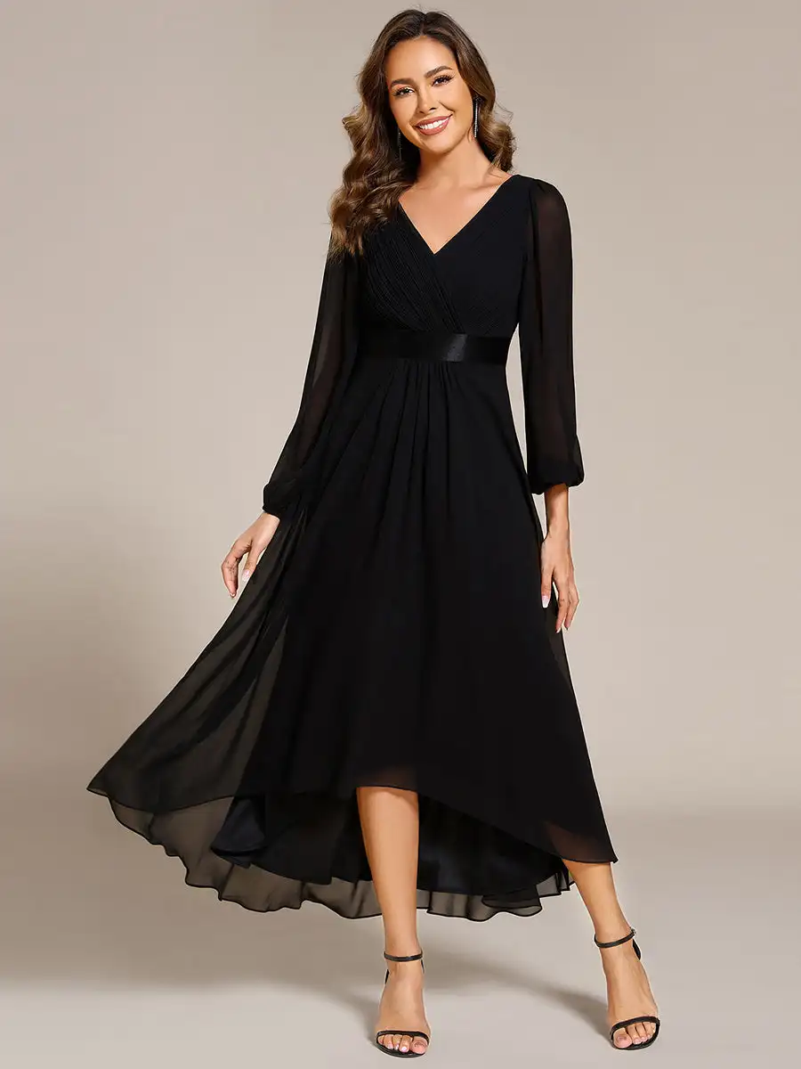 

Formal Evening Dresses Deep V-Neck Lantern Sleeve Pleated Long sleeve 2025 Ever Pretty of Chiffon Black Bridesmaid dress