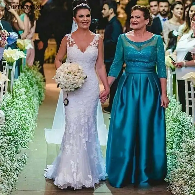 

Turquoise Mother of the Bride Dress 3/4 Long Sleeve Lace Satin A Line Floor Length Modest Formal Wedding Party Evening Gowns