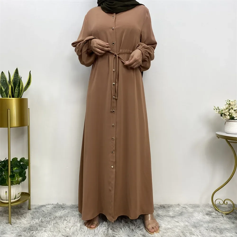 Lace-up Abayas for Women Simple Muslim Dress Women Turn Down Collar Single-breasted Shirt Dress Dubai Turkey Kaftan Casual Robe