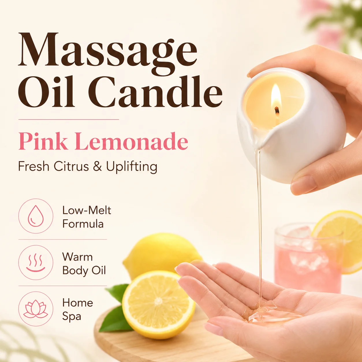 Massage Candle Melting - เทียนนวดเซรามิก กลิ่นเลมอนเนดชมพู กลิ่นผลไม้สดชื่น ละลายตัวง่าย เทียนนวดตัว น้ำมันอุ่น