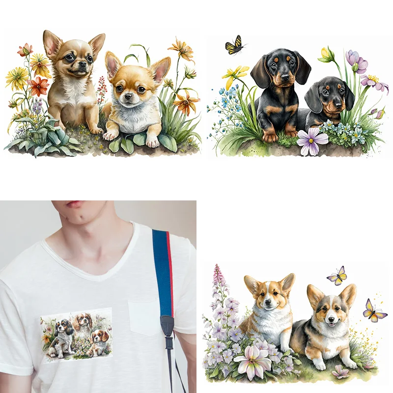 lovely Flower grassland puppy dtf Heat Transfer iron on transfer for clothing Iron On Patches For Clothing.