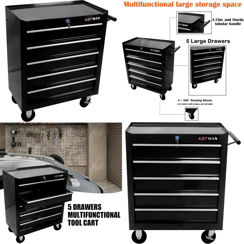 Carrello portautensili con rotelle a 5 cassetti con cassapanca portaoggetti per garage, officina e reparti - Carrello per carichi pesanti