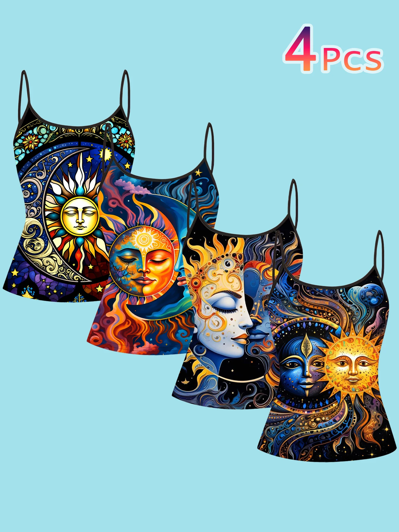 4-Piece Set of Women's Sun and Moon Print Camisoles, Bohemian Starry Sky Art Painted Slim-Fit Spaghetti Strap Tops