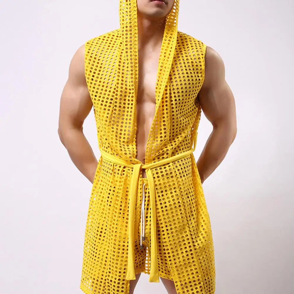 Sheer Mesh Men Bathrobe Men's Sexy Lace-up Mesh Night Robe Sleeveless Hollow Out Loungewear Homewear for Summer Men Hooded