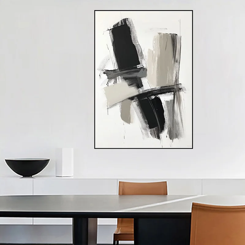 

Vertical Corridor Wall Decoration Paint Black-White Abstract Style Living Room Hanging Chart,Texture Hand-Painted Oil Painting