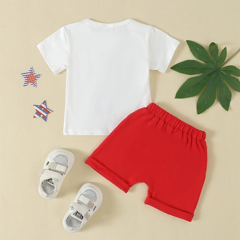 2024-04-05 Lioraitiin Baby Boys Memorial Day Outfit Letter Sunglasses Print Short Sleeves T-Shirt and Elastic Shorts Set Clothes