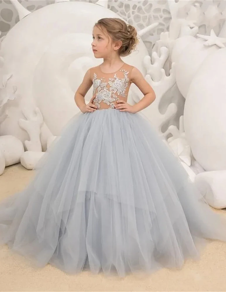 Flower Girl Dress For Wedding Tulle Applique Sleeveless Fluffy  Birthday Ball Gown Floor Length Formal Holy Communion Gown