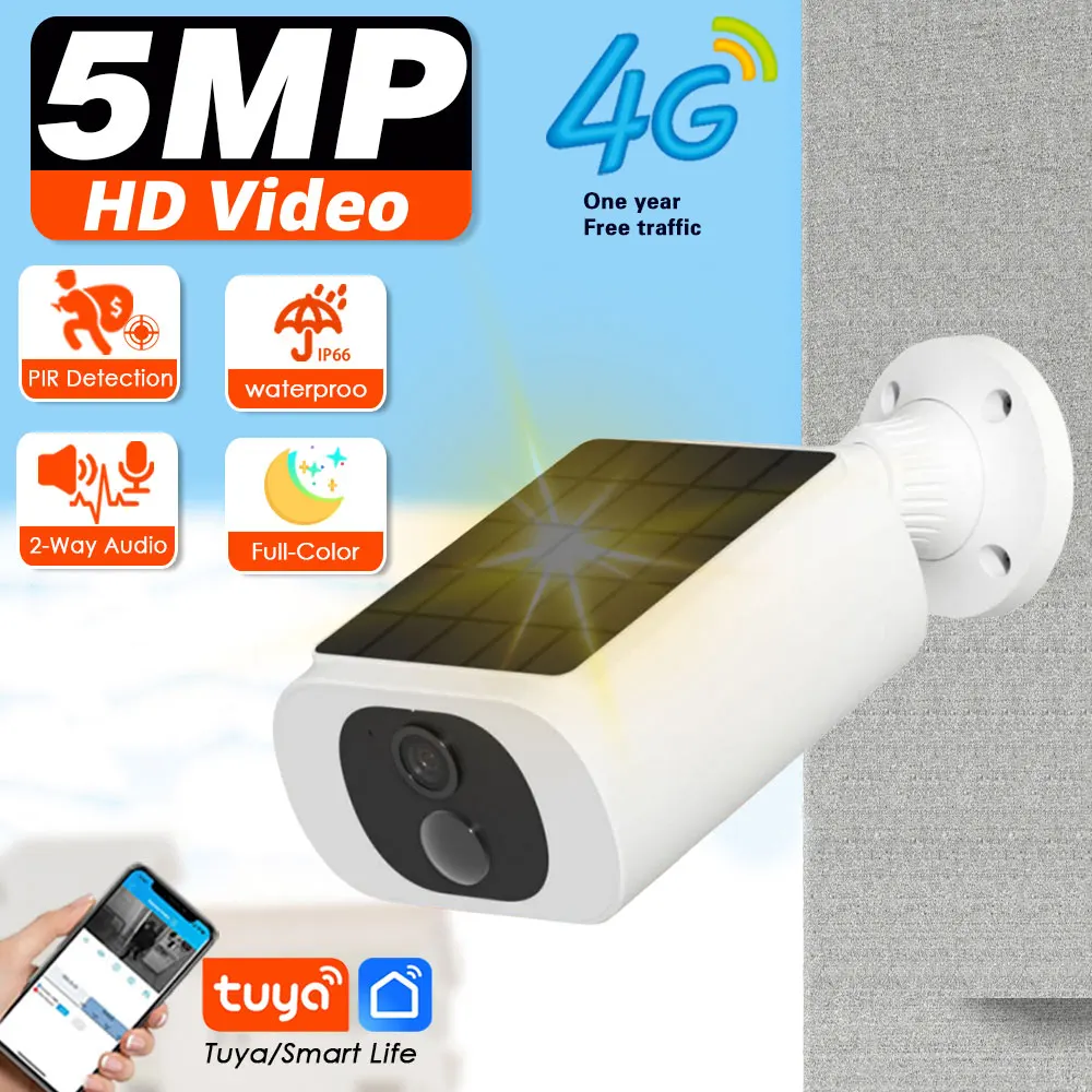 Cámara tipo bala Solar Smart life 4G para exteriores, cámara de seguridad de vigilancia CCTV con batería impermeable de 5MP, inalámbrica, Audi bidireccional