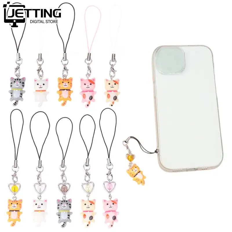 Kawaii Cat Heart Phone Charm Handmade Y2k Keychain Phone Strap Lanyard Women Girls Bag Backpack Ornament Car Keys Holder Jewelry