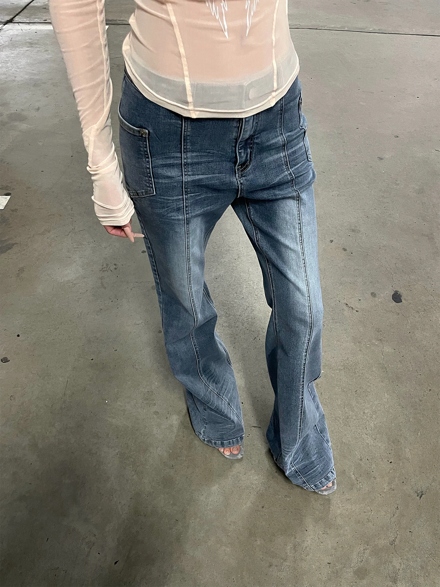 

Low Waist Straight Leg Denim Jeans mid Seam Line Flared Legs Blue Cotton Blend Comfortable Fit Spring Season Ladies Jeans