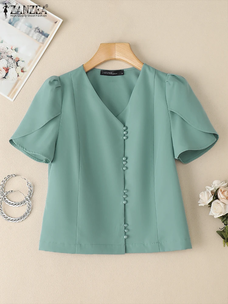 

ZANZEA Petal Sleeve Woman Tops Women Solid Color Office Elegant Short Chemise Femme V-Neck Commute Korean Fashion Wrapped Shirts