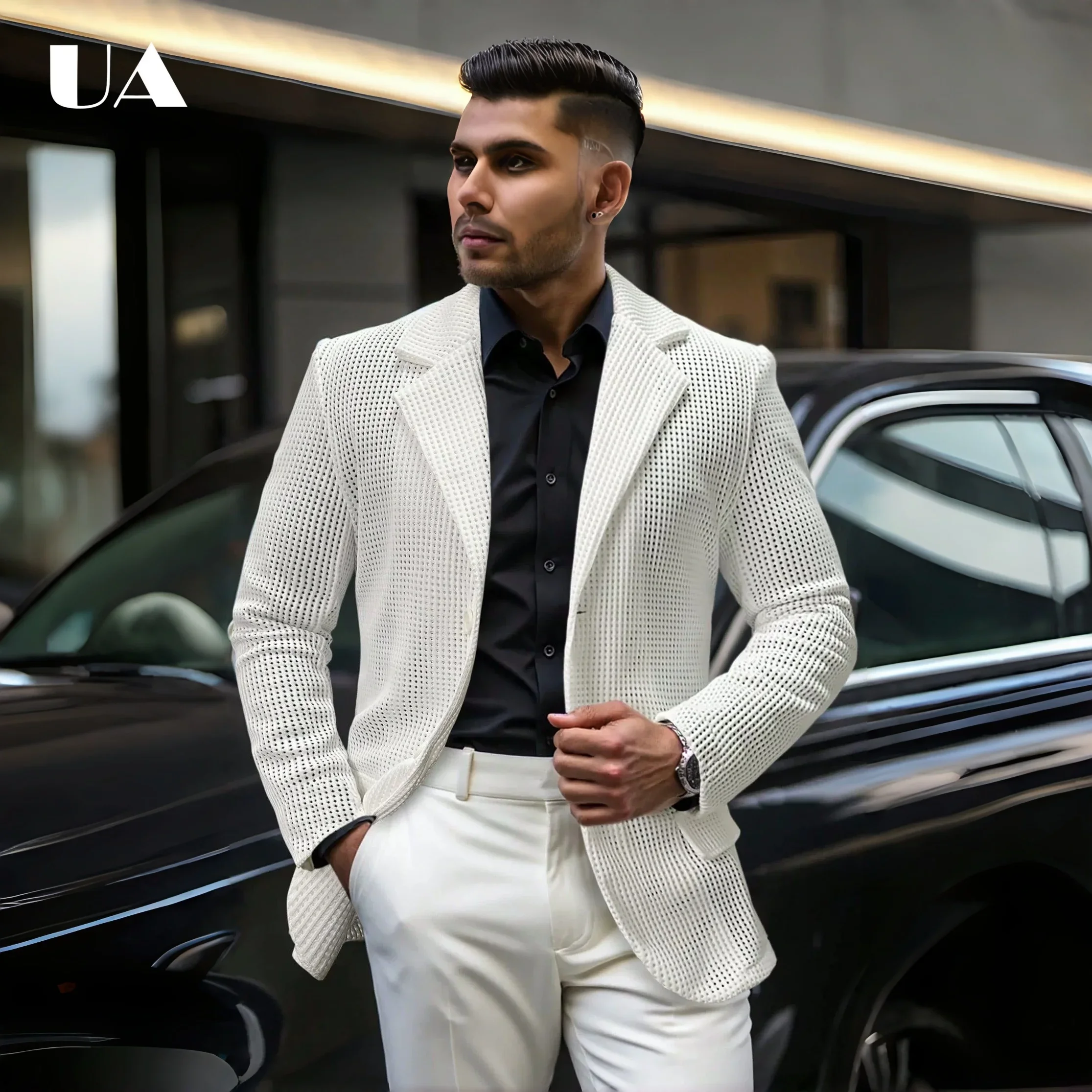 

Men's White Mesh Blazer Breathable Knit Lapel Single-Breasted Jacket Casual Beach Wedding Party Lightweight Summer Outerwear