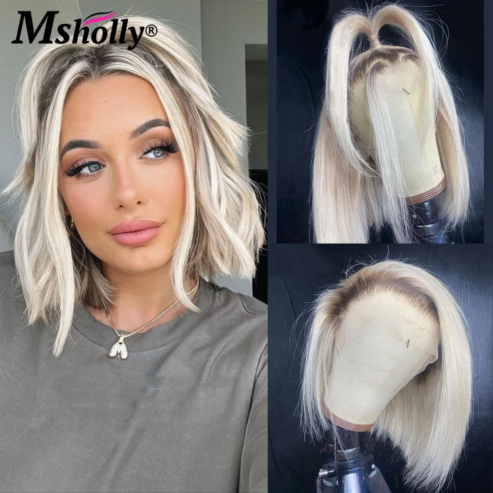 Ombre Ice Platinum Blonde Color Short Bob Remy Human Hair 13x4 Lace Front Wig Transparent Pxie Cut Lace Frontal Wigs Preplucked