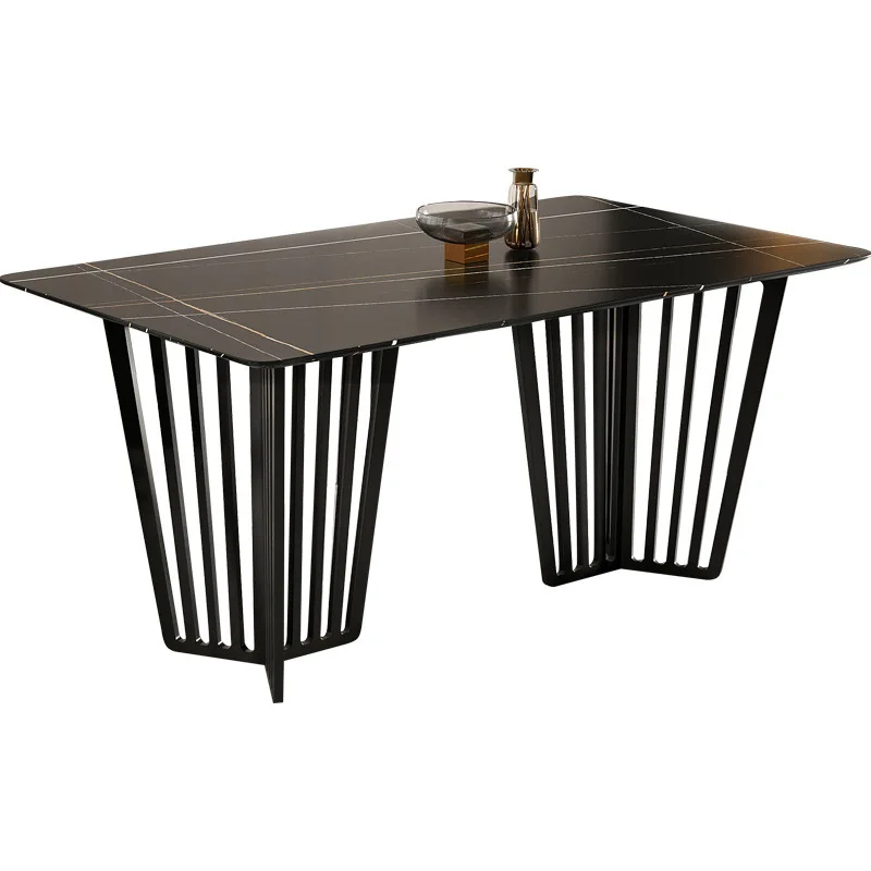 

hg-Italian Modern Light Luxury Dining Small Household Rock Slab Rectangular Marble Surface Stainless Steel Dining Table Chair%