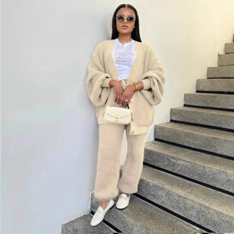 

Женский однотонный свободный трикотажный комплект из 2 предметов с v-образным вырезом и длинным рукавом, однобортные кардиганы, топы + широкие брюки, повседневные костюмы