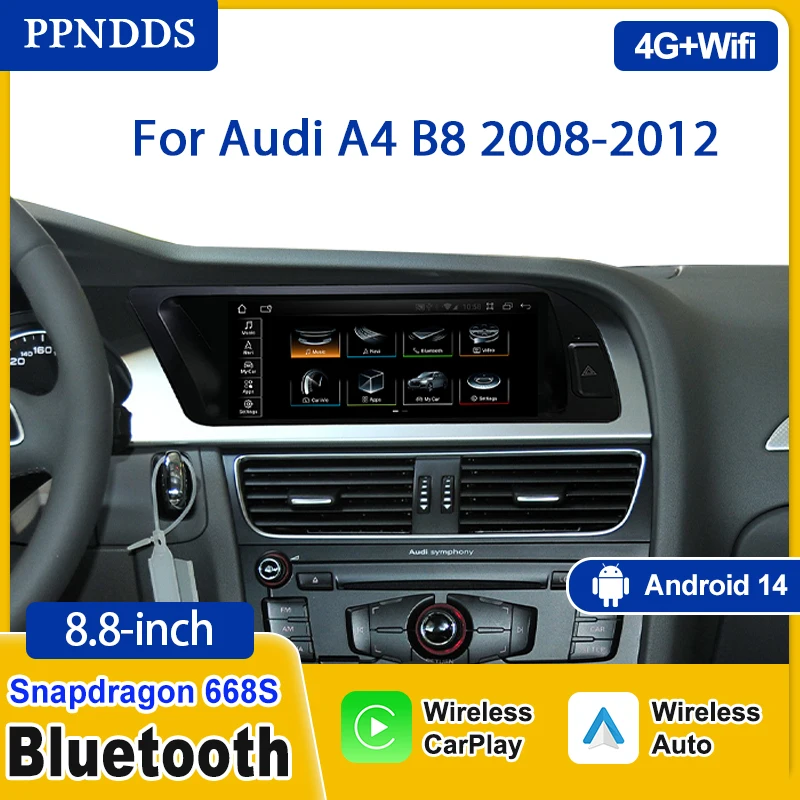 8.8'' Android 14 Wireless CarPlay Screen For Audi A4 B8 2008-2017 Android Auto Multimedia Player 4G WiFi BT Navi GPS