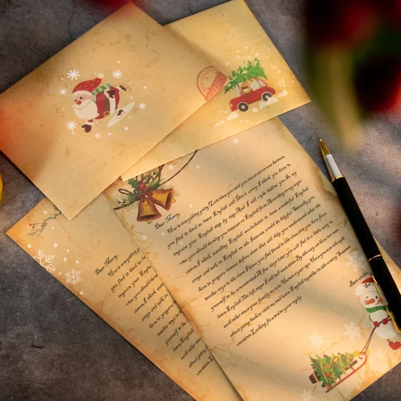 Retro Kraft Writing Paper Envelope Set Christmas Letter Paper Santa Claus Snowman Prints for Friend Family Folks