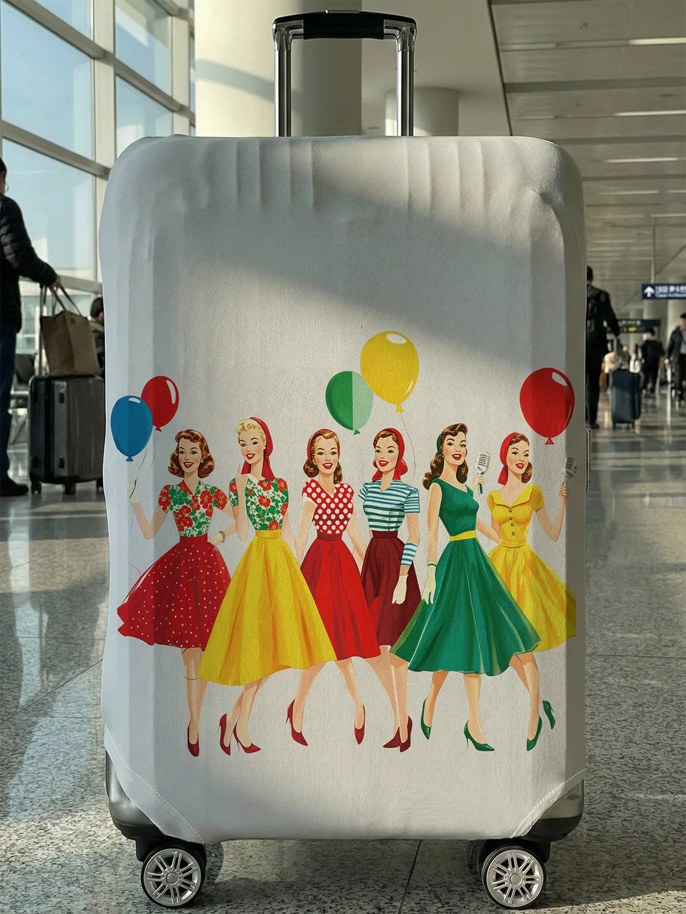 

White Base Retro Style 1950s Girls Balloon Luggage Cover, Suitable for 18-32 Inch Luggage Cover, Luggage Handle Glove, Travel Ac