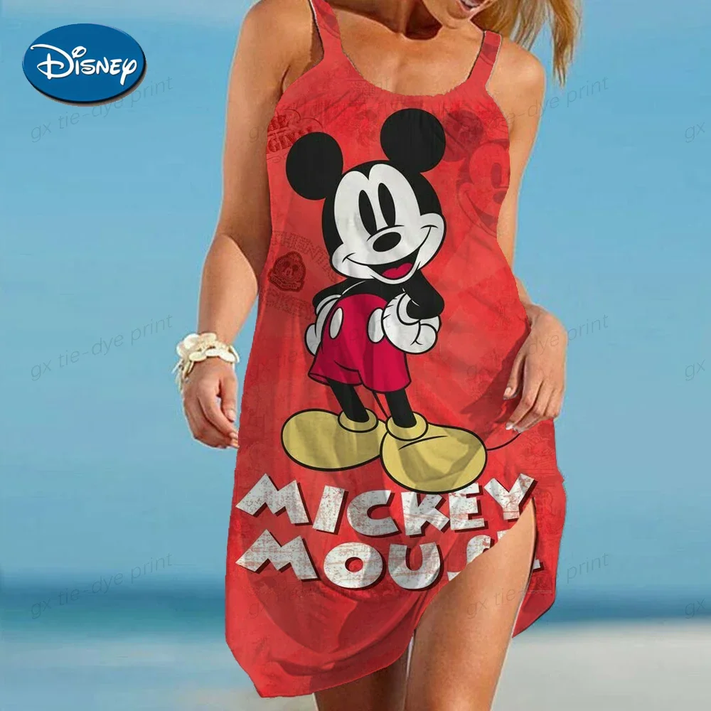 Elegant Dresses for Women Sexy 2023 Minnie Mouse Women\'s Dress Sling Summer Woman Beach Boho Disney Loose Print Mickey Fashion