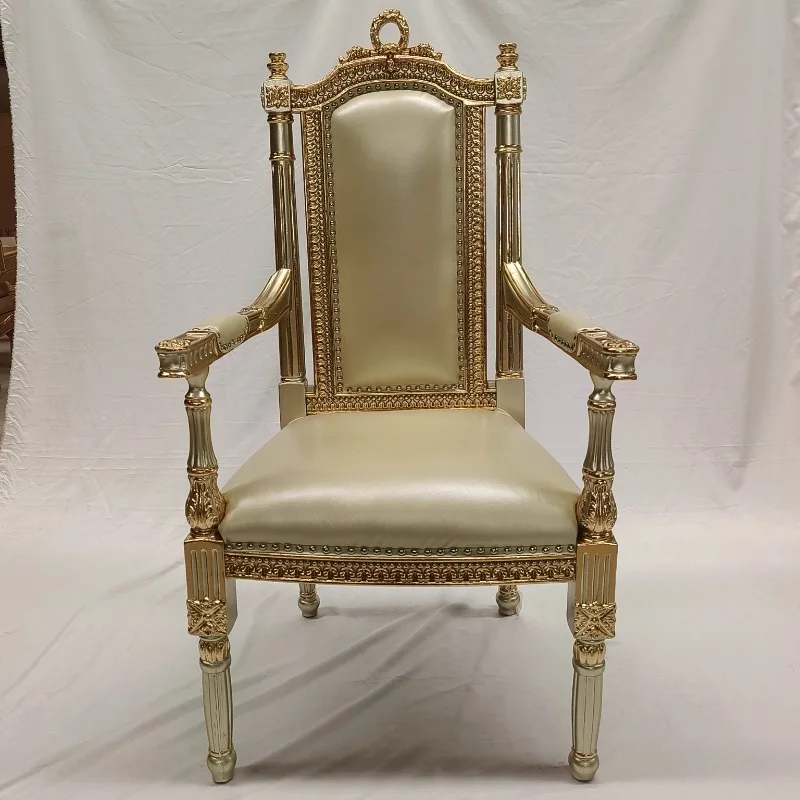 American country solid wood back chair first layer cowhide dining chair French gold foil casual leather desk chair