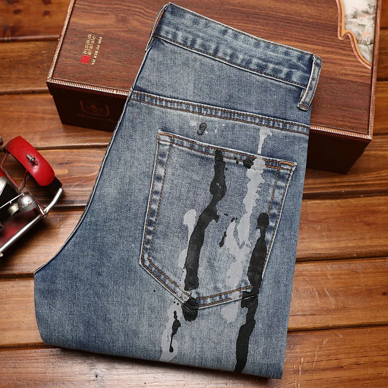 Printed inkjet jeans, men's fashion trend, Street Men's clothing, casual slim fit, small feet, retro denim pants