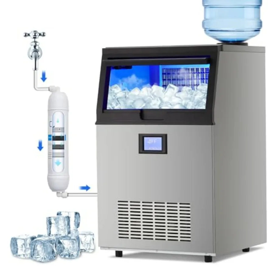 

Commercial Ice Machine 100 LBS/24h with 2 Water Inlet Modes 50Pcs/Cycle 33 LBS Storage Bin Stainless Steel Silver High-Ccity Ic