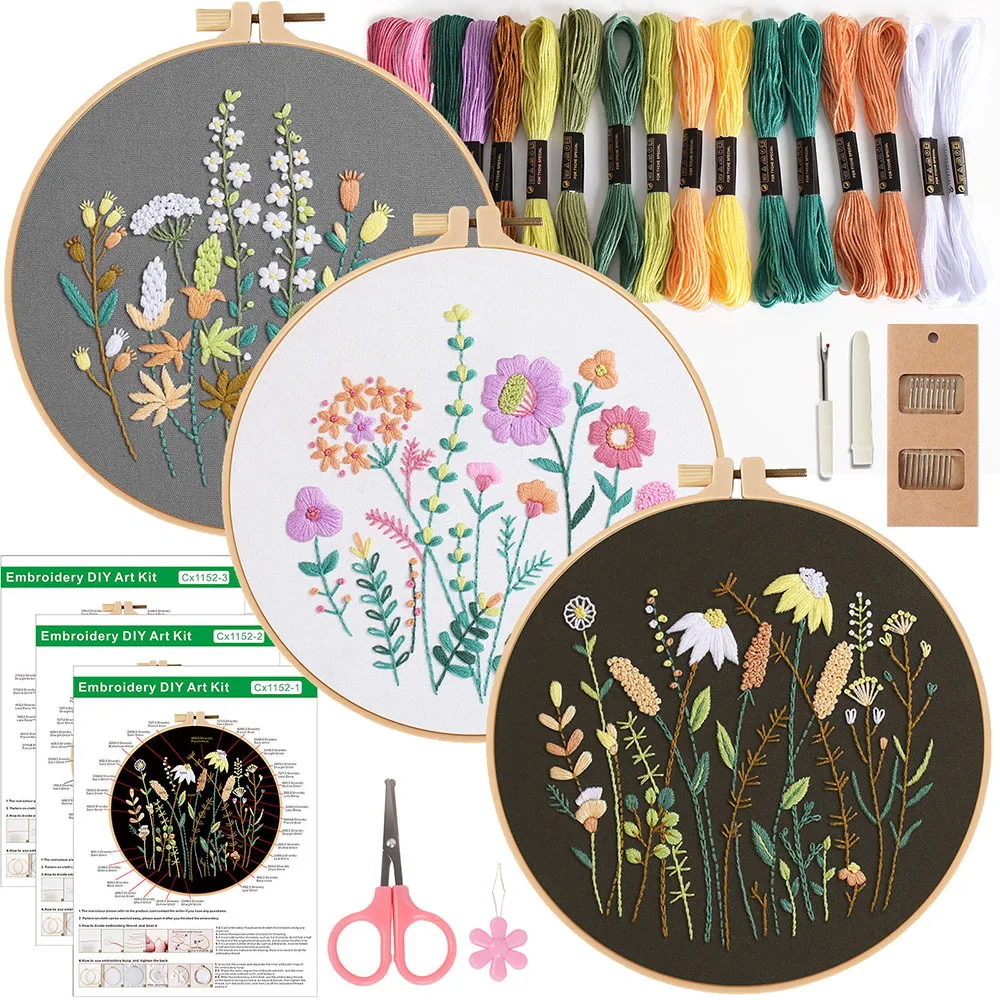 3pcs DIY Embroidery Kit（1pc Plastic+3pcs/4pcs Embroidery Kit) Flower Cross Stitch Set for Beginner Sewing Art Craft Supplies