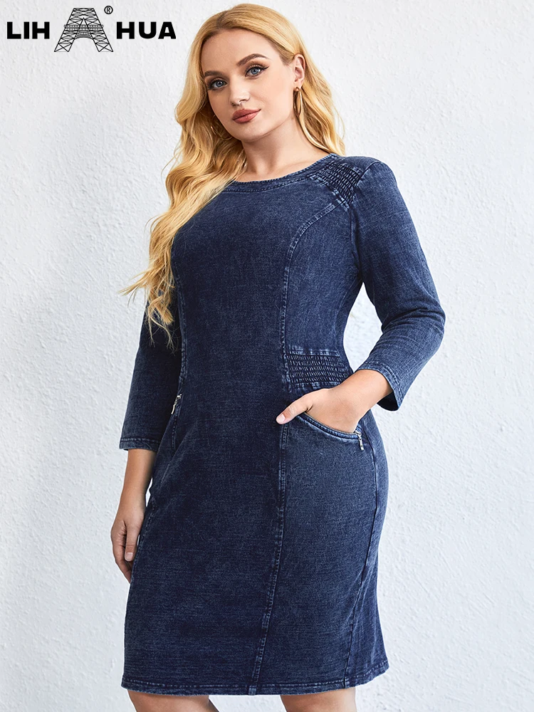 LIH HUA Women's Plus Size Denim Dress Autumn Chic Elegant Dresses For Chubby Women Cotton Knitted Round Neck Dress