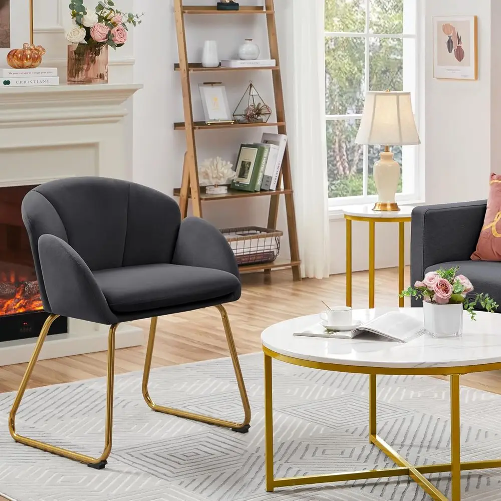 Lower Shape Velvet Armchair, Side Chair Vanity Chair with Metal Legs, Living Room/Dining Room/Bedroom/Home Office/Kitchen, Gray view 2