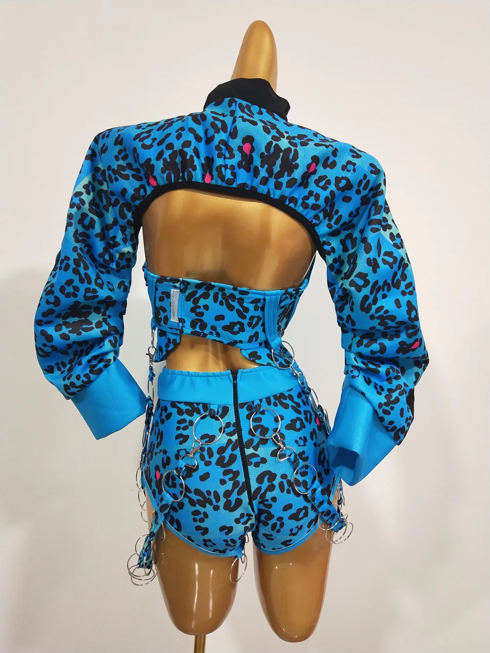 Nightclub Gogo Dance Clothes DJ Singer Concert Sexy Performance Stage Wear Blue Leopard Metal Buckle Bodysuit Drag Queen Costume