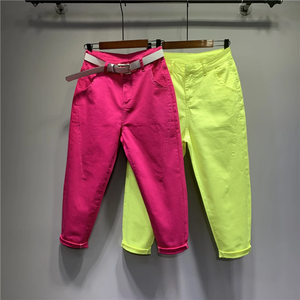 

Korean Fluorescent Yellow Ankle-length Jeans Women 2022 New Summer Candy Color Harem Denim Pants Loose Casual Trousers