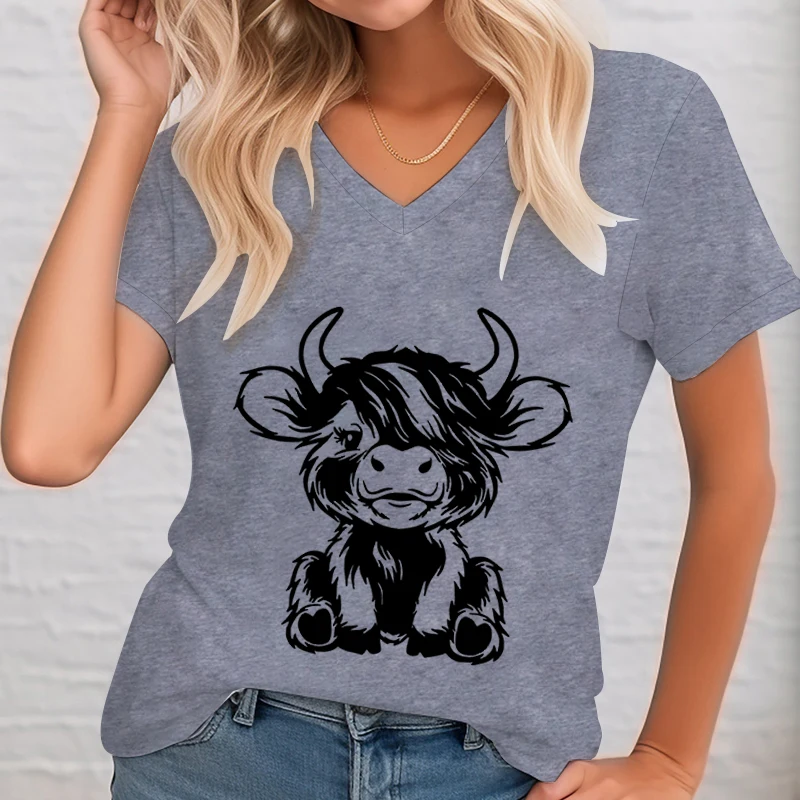 Cows Graphic T Shirts Women Cute Animal Lovers Tops V-neck Cute Highland Cow T-shirt Female Short Sleeve Tee Summer Casual Tops