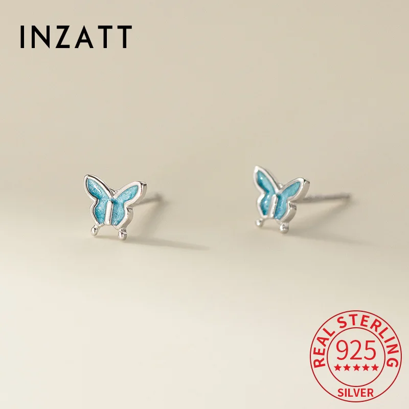 

INZATT Real 925 Sterling Silver Blue Butterfly Insect Stud Earrings For Women Classic Fine Jewelry Minimalist Accessories