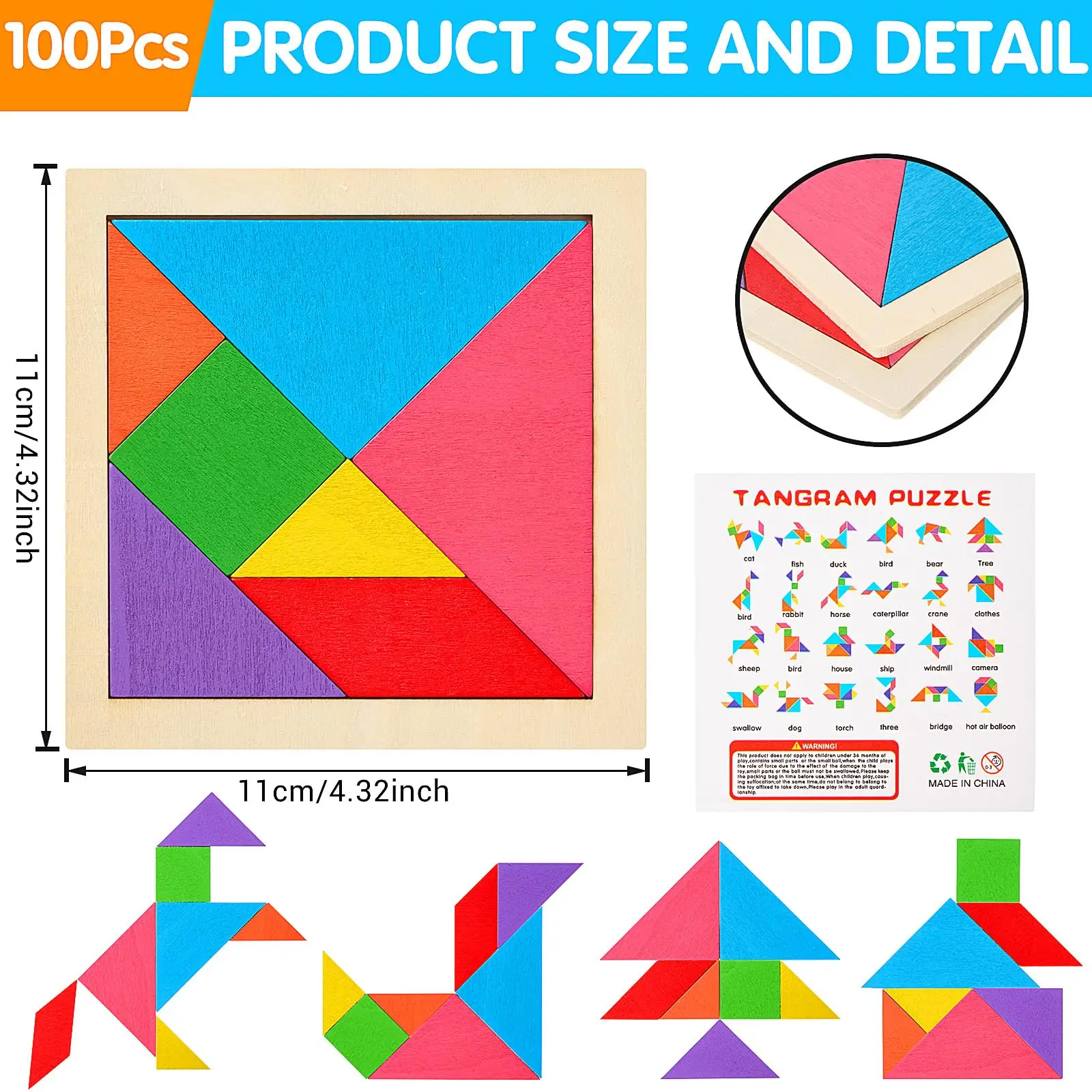5-100pcs Wooden Tangrams Puzzles Bulk for Student Shapes Puzzle Brain Logic Block for Tangram Game Geometric Pattern Block