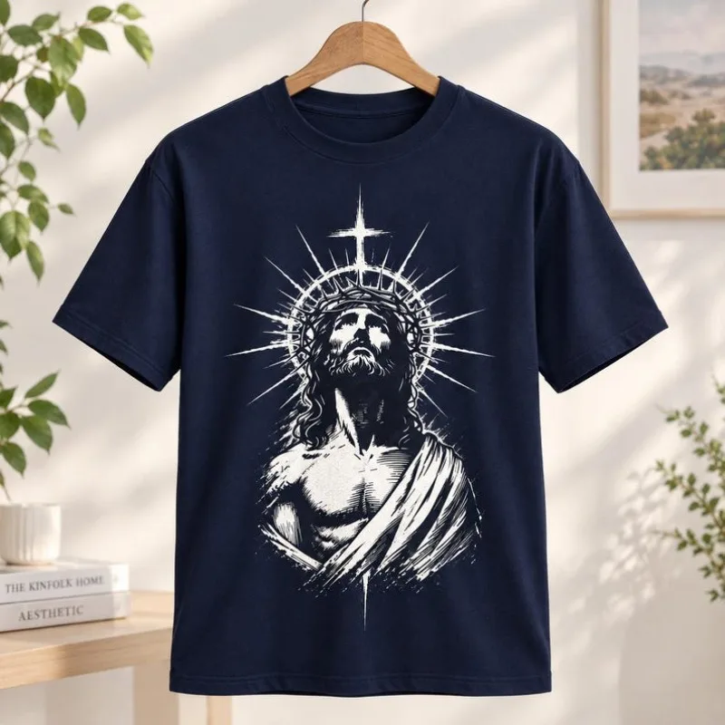 Vintage Jesus Crown of Thorns Cross Graphic T Shirt Unisex Christian Religious Faith Short Sleeve Casual Tee