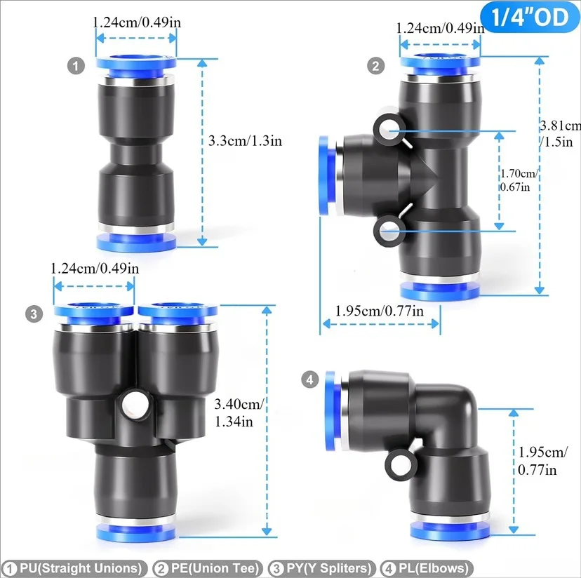 40Pcs 1/4 Inch Quick Release Pneumatic Fittings Push to Connect Connector Assortment Kit for PU PE Pipe