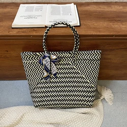 Women Hand Woven Bag Design Silk Scarf Plaid Shopping Bag Large Capacity Vegetable Basket Handbag Female Vacation Beach Tote Bag