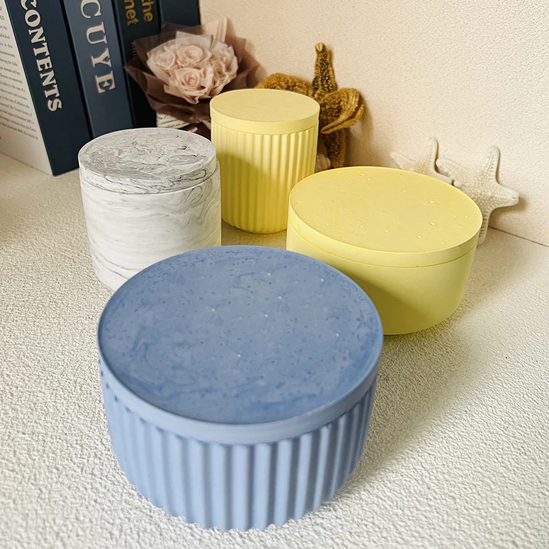 Cement Candle Jar Silicone Mold With Lid DIY Round Plant Pot Candle Vessel Storage Box Vase Mould Plaster Resin Molds Home Decor