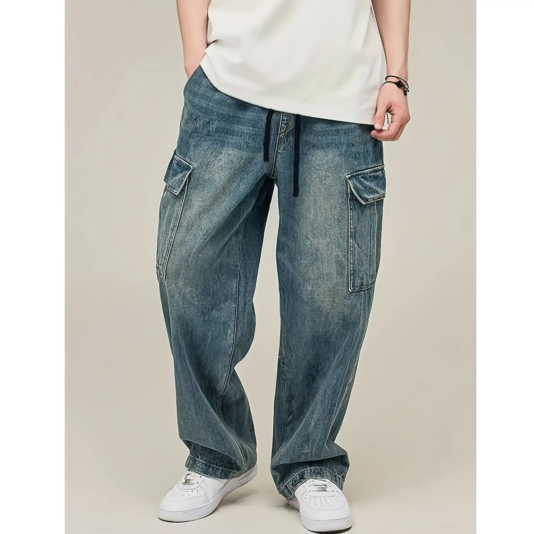 جينز أوروبي وأمريكي بالإضافة إلى ملابس العمل غير الرسمية والعصرية للرجال، سروال فضفاض مستقيم الساق شبابي وعصري واسع الساق