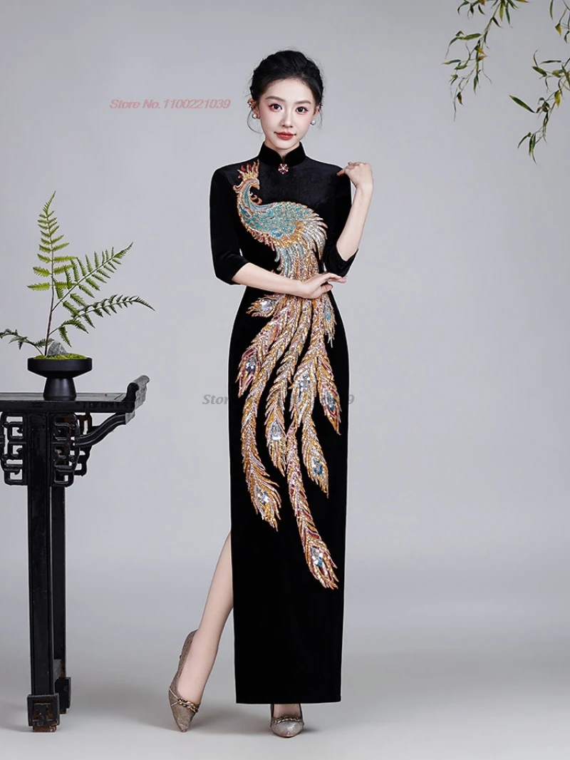 2026 chinese improved cheongsam traditional qipao dress national phoenix sequin velvet qipao retro banquet evening dress qipao