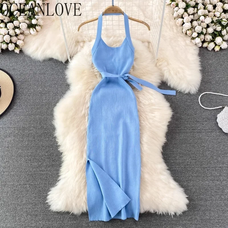 

OCEANLOVE вязаные женские платья с лямкой на шее, однотонные бандажные весенне-летние сексуальные платья для женщин, корейская мода, тонкое длинное платье