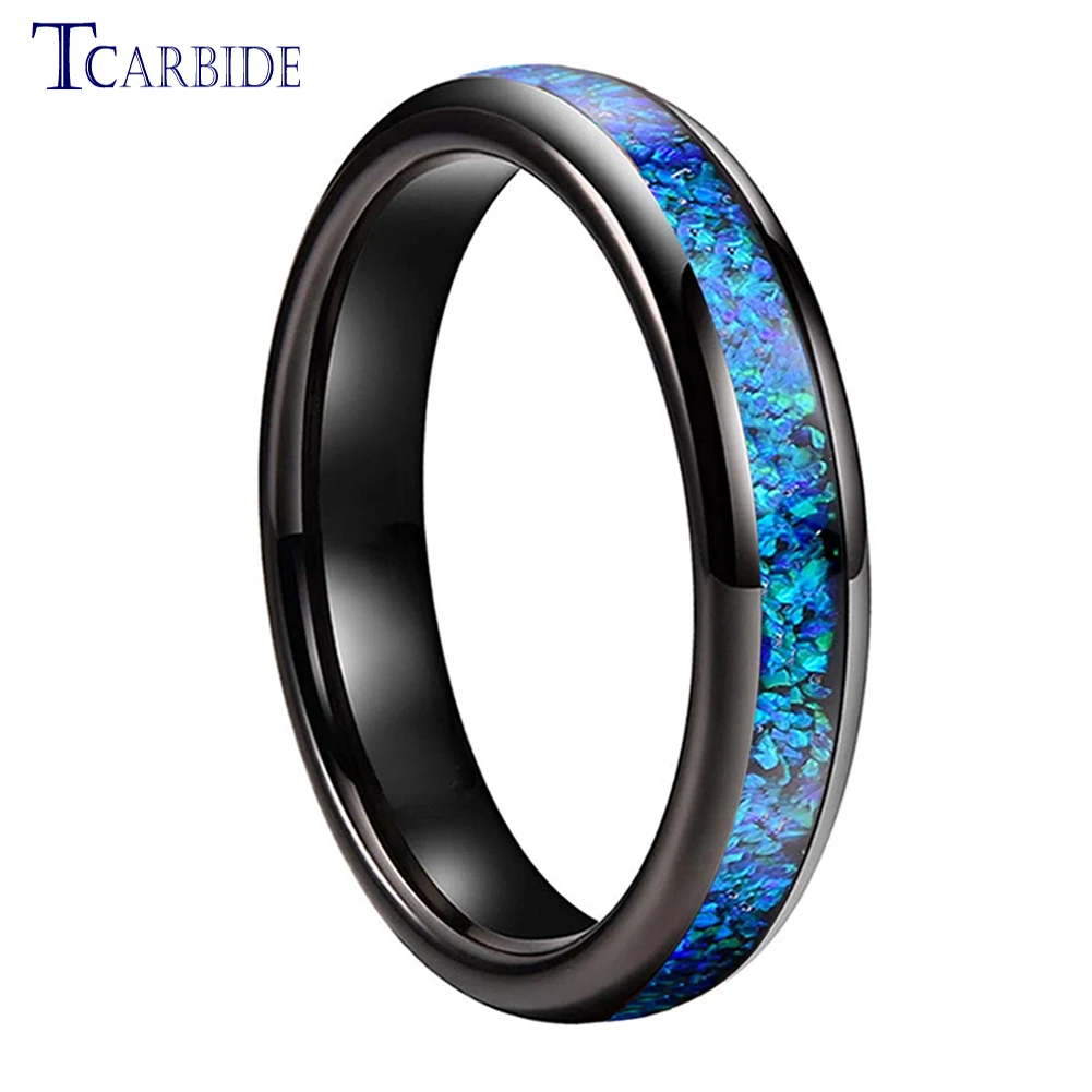 4mm Black Opal Ring Women Tungsten Engagement Wedding Band Domed Polished Stylish Gift Jewelry Comfort Fit