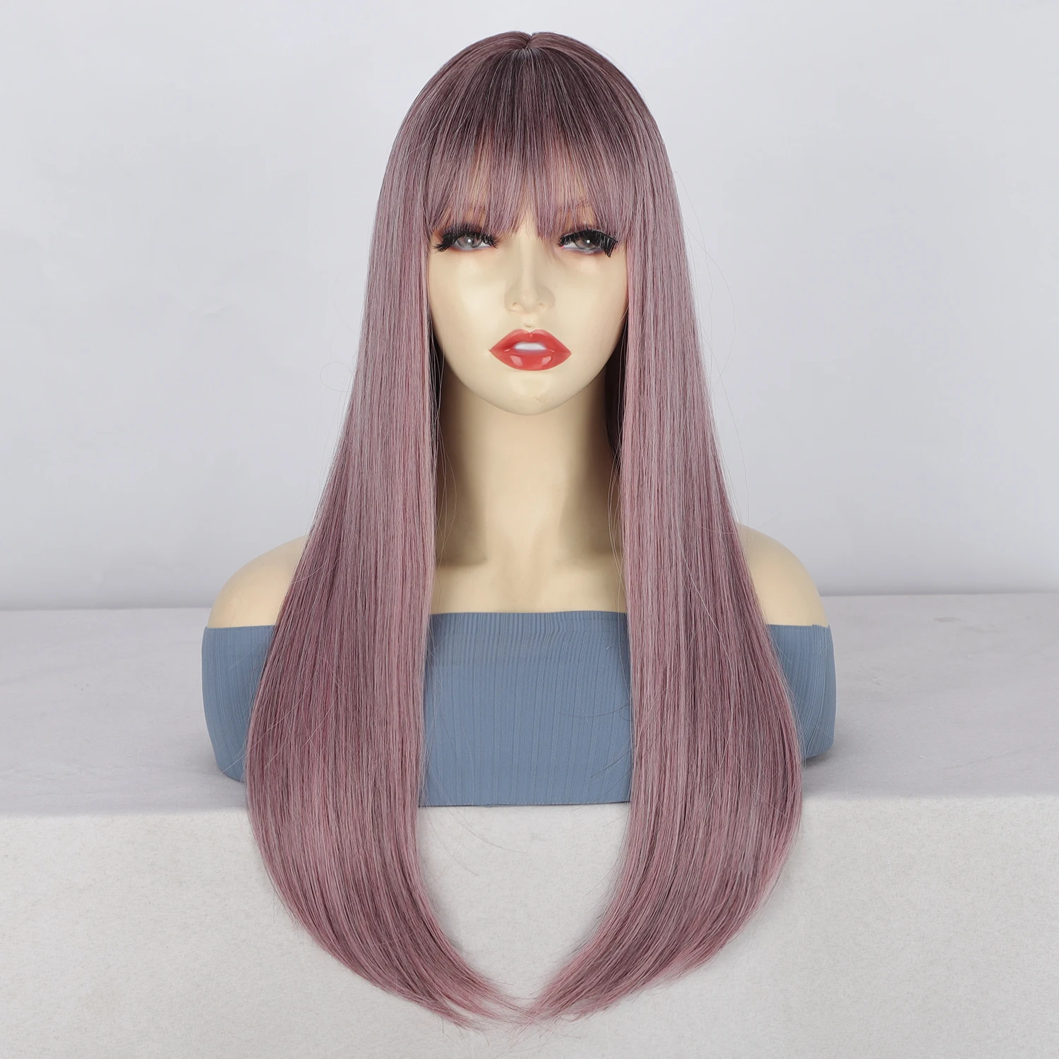 

Парик для косплея 24 дюйма, длинные фиолетовые синтетические волосы с прямыми челкой, украшение на Хэллоуин и Рождество