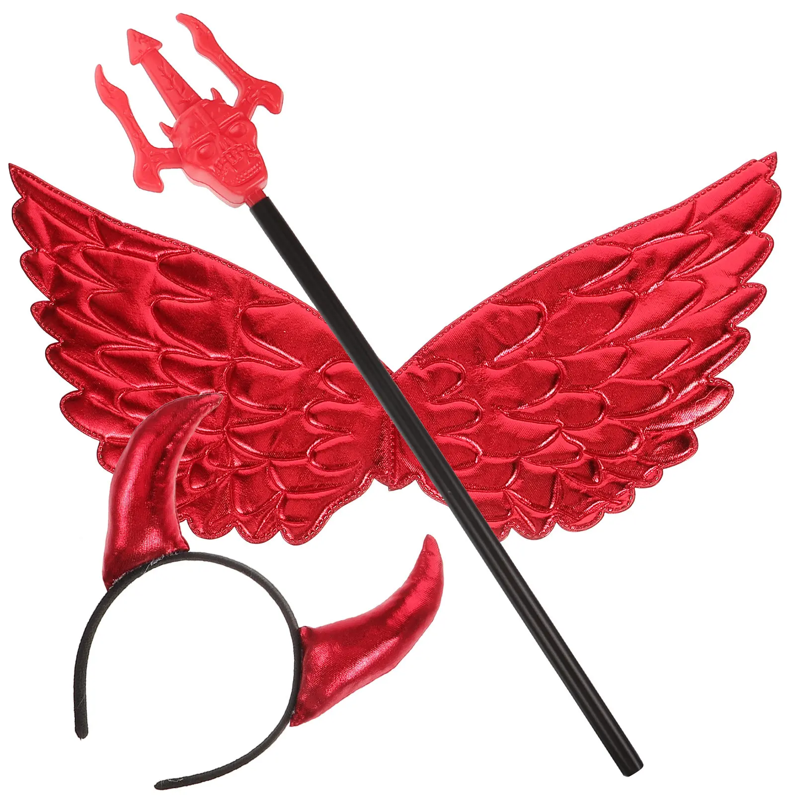 1 Juego de disfraz de diablo con cuernos, alas, cola y tridente, rojo, elástico, cómodo, para Halloween, carnaval, cosplay, fiesta, festival