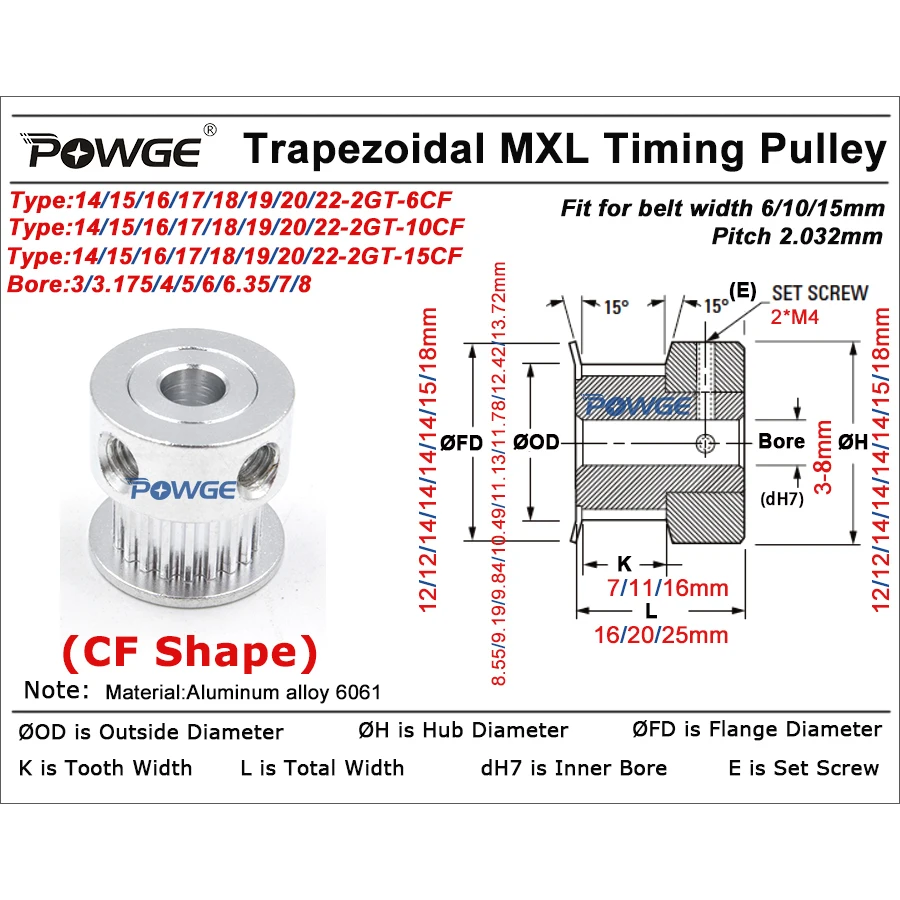 POWGE 14 15 16 17 18 19 20 22 teeth MXL Timing Pulley Bore 3-8mm for belt width 6/10/15mm 12T 14T 15T 16T 17T 18T 19T 20T 22T