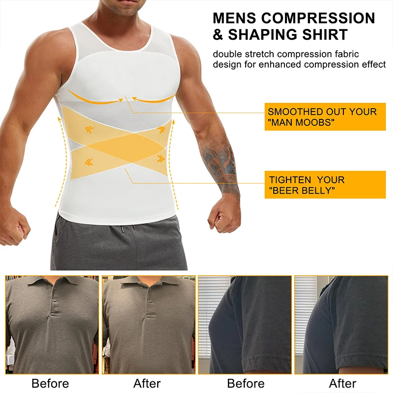 Compressie Shirt voor Mannen Afslanken Hemd Body Shaper Tank Top Gynomastica Mouwloos Shapewear Vest Mesh Cross Pak 3XL