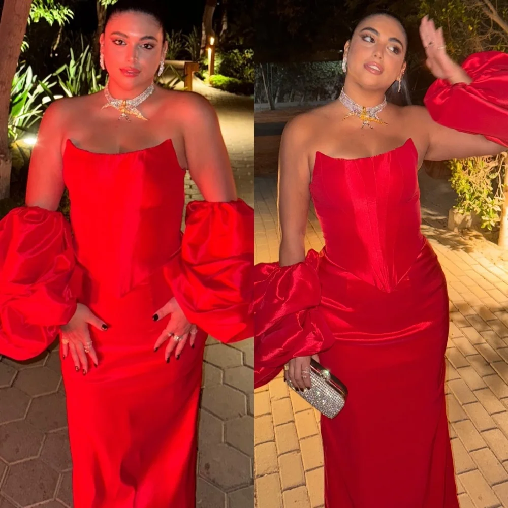 Customized Modern Strapless Detachable Sleeve Evening Dress Simple Satin Red Prom Dresses Temperament Special Occasion Gowns