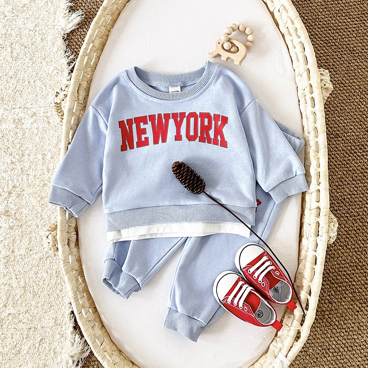 Spring Autumn Baby Boys Girl Cotton Infant Clothes Sets New York Letter Long Sleeved Pullover Top+Pants Infant Outfit 0-3Y KIds