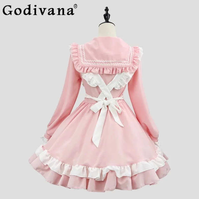 코스프레 학교 메이드 복장 여성 귀여운 아카데미 선원 로리타 긴 소매 메이드 복장 웨이트리스 파티 의상을위한 소녀 의상