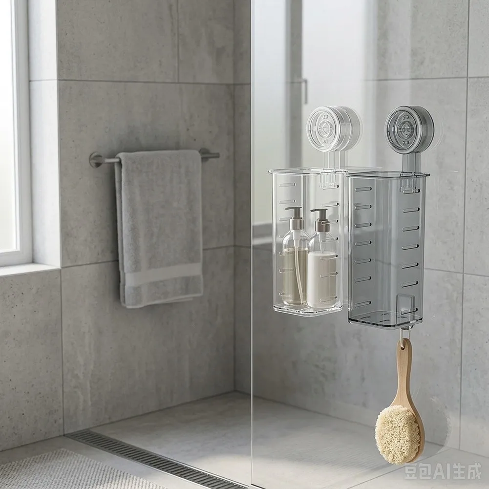 Transparent PET Shower Shelf with Drainage Holes and Guardrail for Shampoo Conditioner Bottles and Accessories